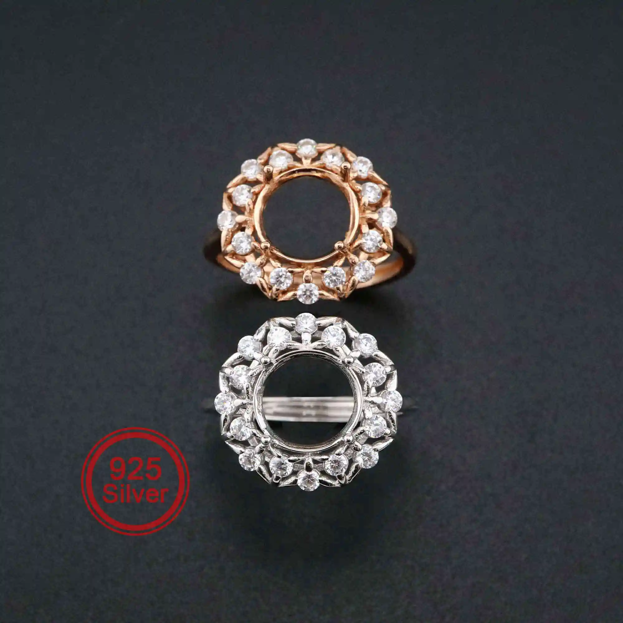 

9MM Round Bezel Flower Rose Gold Plated Solid 925 Sterling Silver DIY Adjustable Prong Ring Settings Blank for Gemstone 1210060