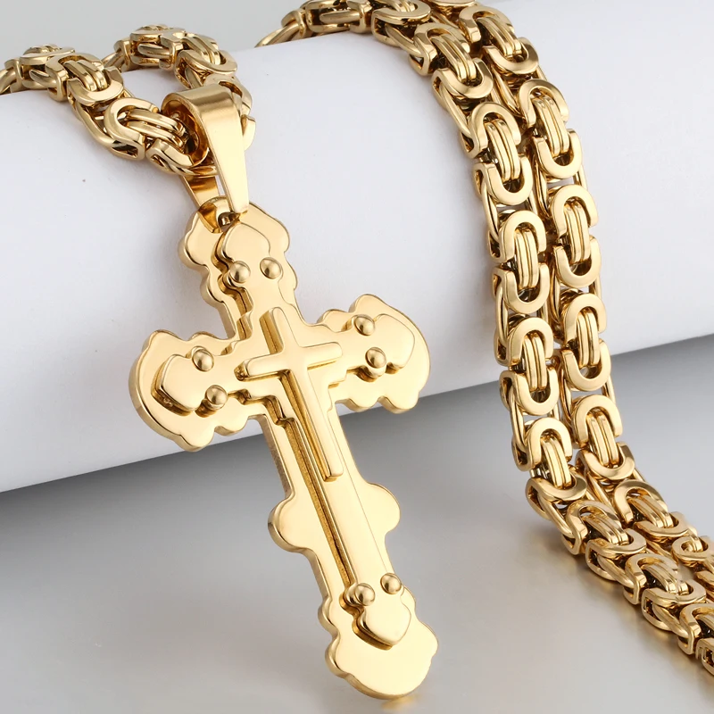 Multilayed Rivet Cross Pendant Necklace Stainless Steel Church Link Chain Necklace for Men Orthodox Prayer Jewelry Gift