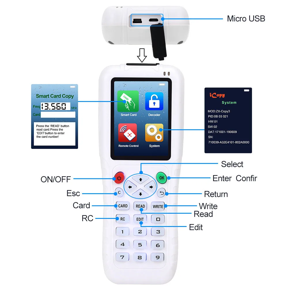 RFID Duplicator 13.56 IC/ID Card Reader Writer Cloner 125KHz Programmer Copier Multi Frequency T5577 UID Rewritable Key fob USB