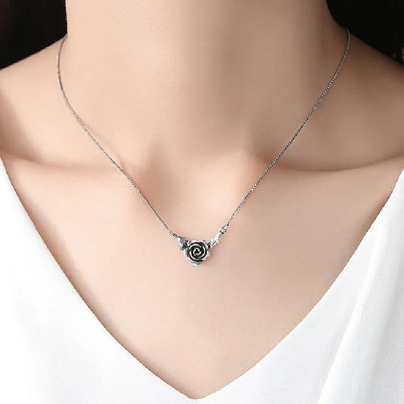 FOXANRY Silver Color Necklace for Women Trendy Elegant Vintage Make Old Design Rose Flower Thai Silver Party Jewelry Gift