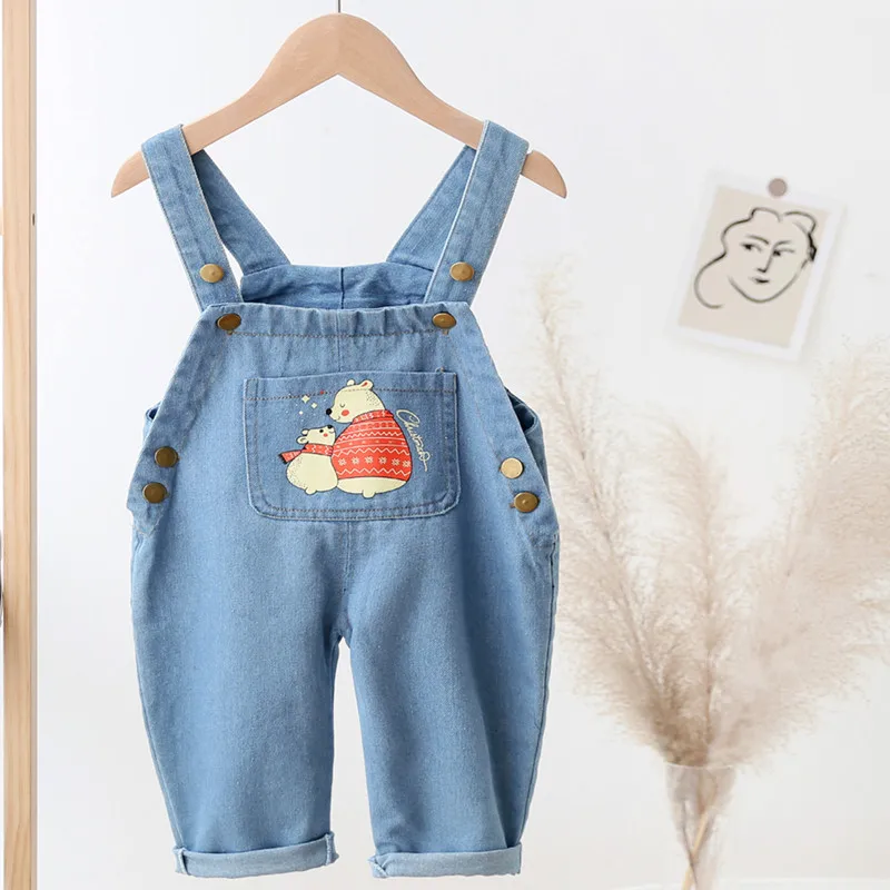 DIIMUU Spring Autumn Pants Baby Boys Girls Overalls Denim Romper Long Trousers Casual Animal Print Infants Boy Dungarees Jeans