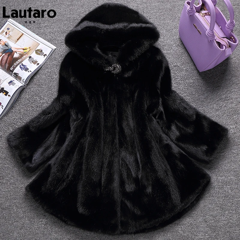 Lautaro inverno preto quente grosso peludo macio falso casaco de pele de vison feminino com capuz elegante luxo fofo jaqueta 2022 4xl 5xl 6xl 7xl