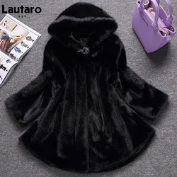 Lautaro inverno preto quente grosso peludo macio falso vison casaco de pele feminino com capuz elegante luxo fofo jaqueta 2022 4xl 5xl 6xl 7xl