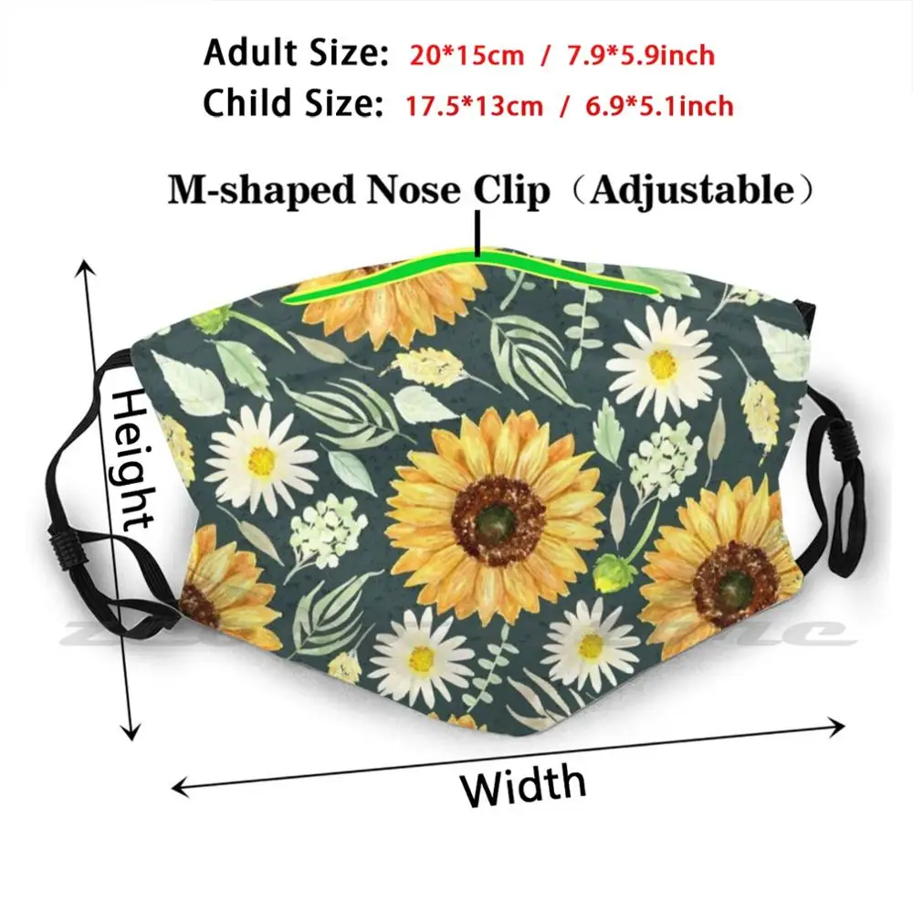 ดอกทานตะวันและ Daisies | สีน้ำ | สีเขียว | รูปแบบหน้ากากผ้า Reusable Print Filter ล้างทำความสะอาดได้ดอกทานตะวันดอกทานตะวัน