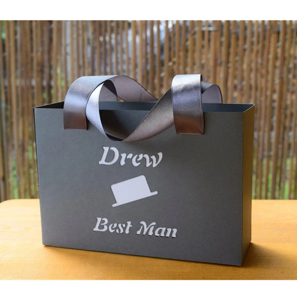 Personalised Gray Gift Bag with Ribbon, Bridesmaid Wedding Gift Bag, Groom gift bag ,cutom  Black Gift bag, Best Mangift bag,