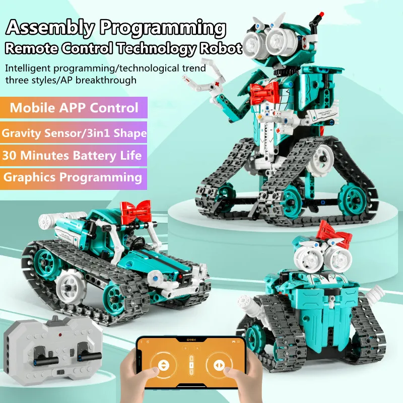 Smart Programming RC Robot 360°Rotation 408PCS DIY Assembly Blocks 3 Styles Gravity Sensor Dual Remote Control RC Tank Toys Gift