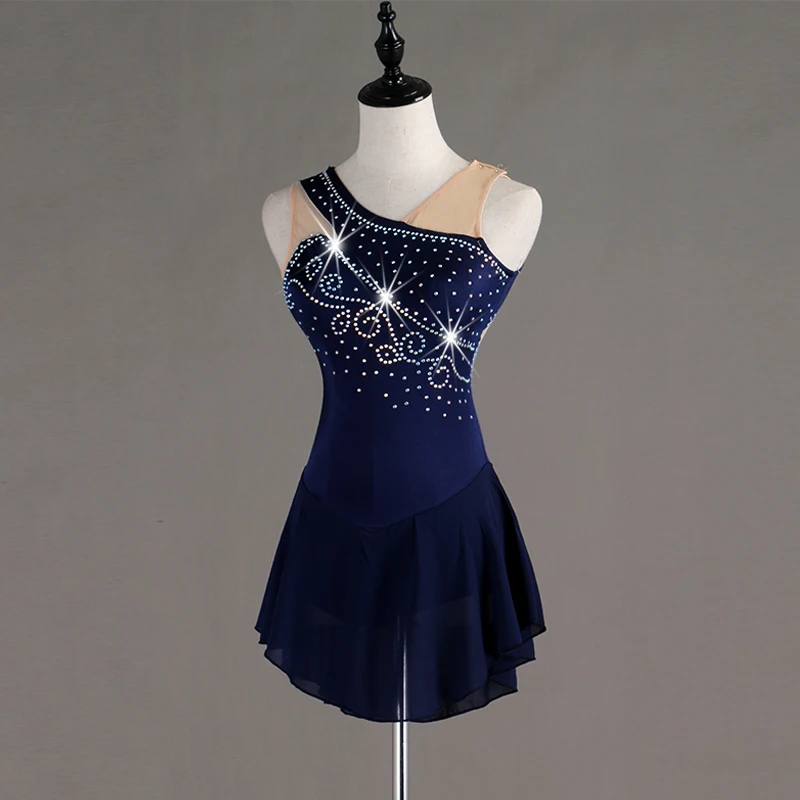 Figure Skating Dress Women girl Ice Skating Dress navy blue Gymnastics Costume custom rhinestone  B152