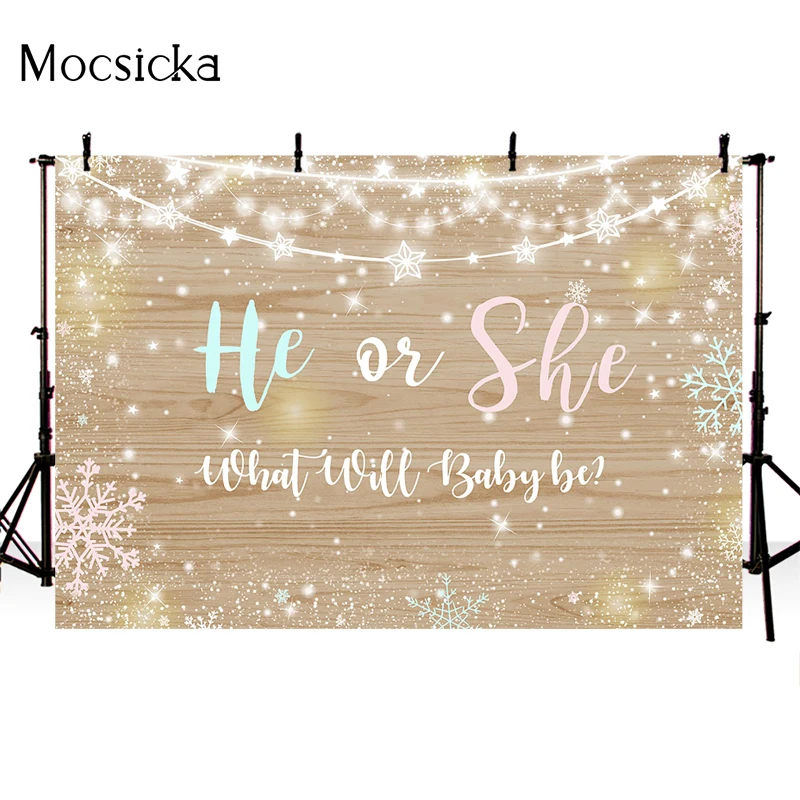 Gender Reveal Photography Background Snowflake Starlight Wooden Board Decoration Props Boy Girl Baby Shower Photo BackdropStudio