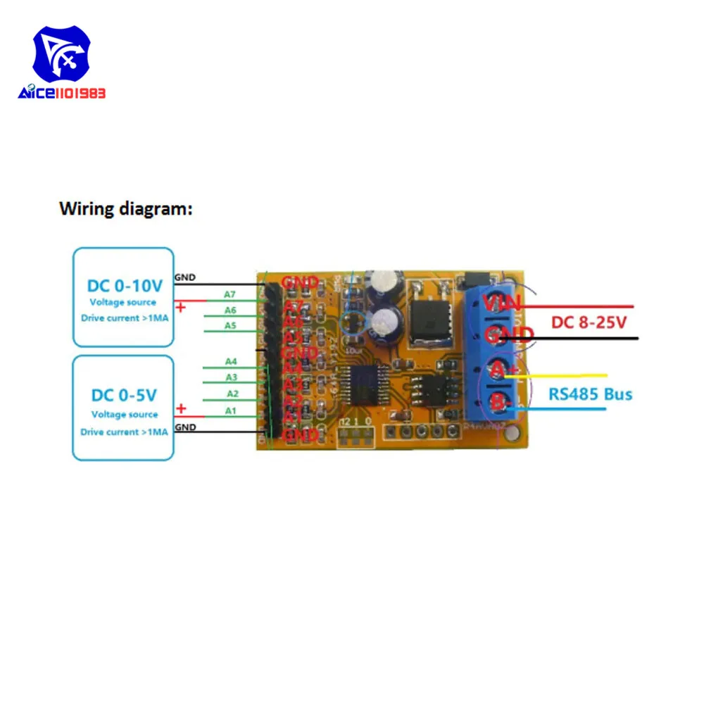 Diymore 0-5 فولت/0-10 فولت 7 CH الجهد التناظرية اكتساب RS485 Modbus RTU R4AVA07 وحدة
