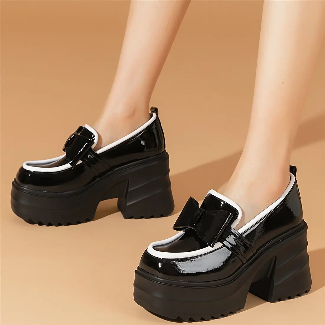 

Slip On Creepers Women Genuine Leather Cuban High Heels Ankle Boots Female Round Toe Chunky Platform Pumps Shoes Casual Shoes