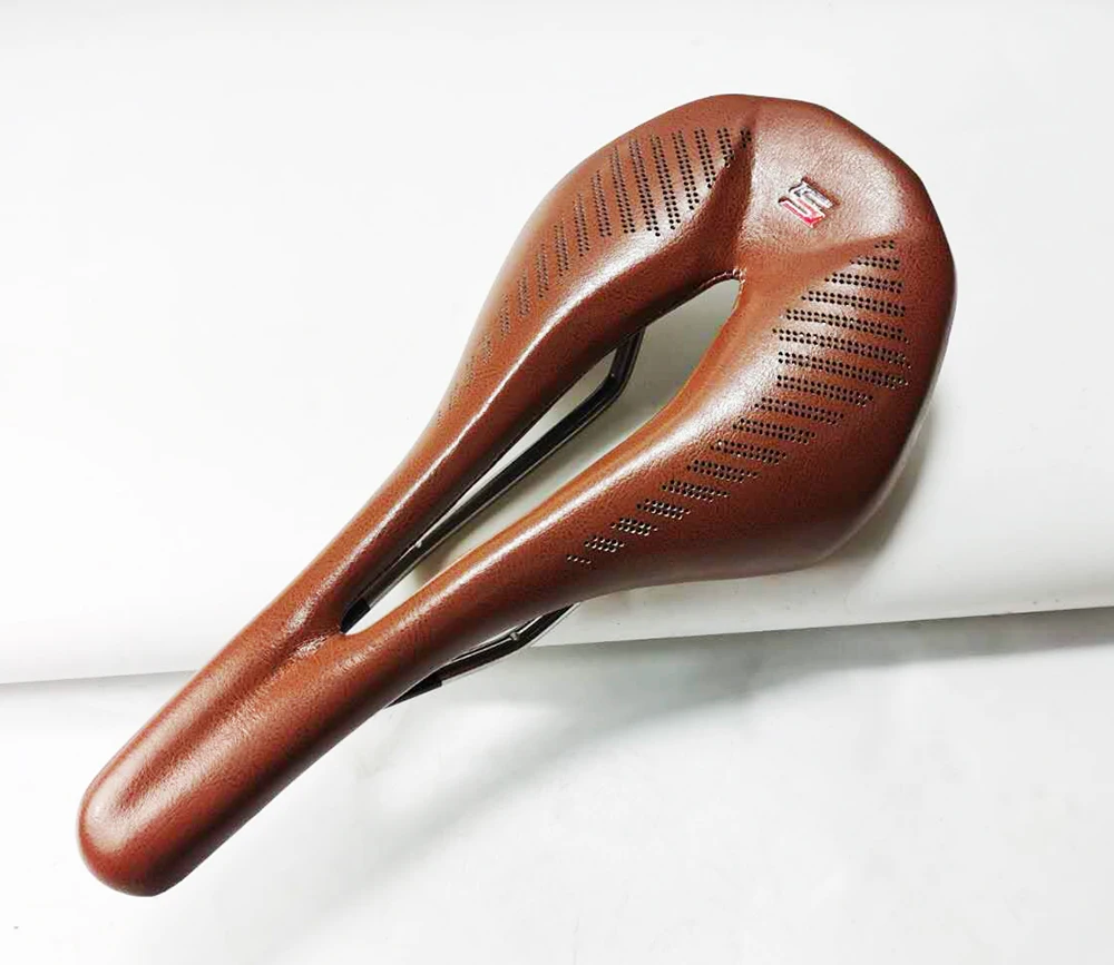 2023 TAOZIK 145mm Brown Imitation Leather Hollow Breathy Light Weight Racing Bike Saddle Bicycle Seat