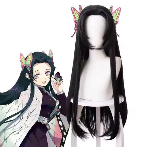 Kochou Kanae Wig Anime Kimetsu no Yaiba Cosplay Synthetic Black Long Hair Butterfly Headwear Halloween Cos Props
