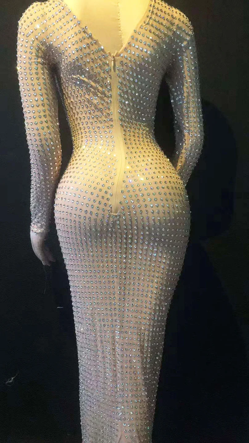 ผู้หญิงตอนเย็นวันเกิดฉลองชุดยาว Rhinestones ชุดไนท์คลับเวทีผู้หญิงนักร้องนักเต้นเครื่องแต่งกาย