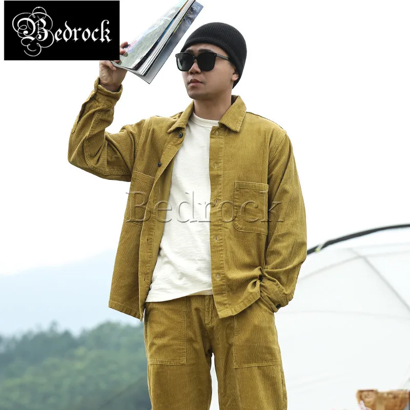 MBBCAR vintagecorduroy cargo shirt for men Amekaji yellow casual shirts male porter light tops 3021