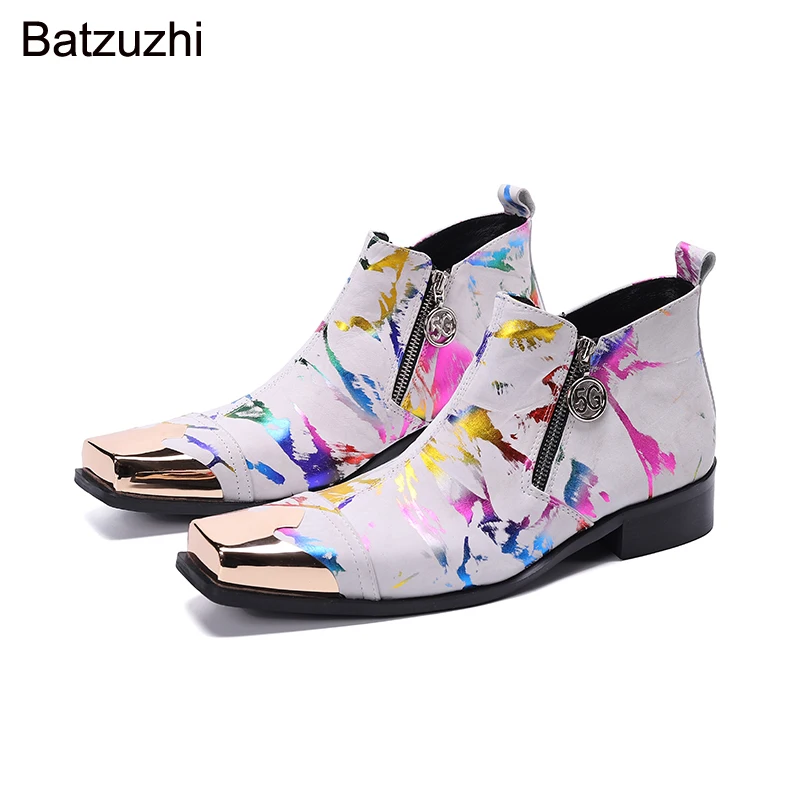 Batzuzhi 2024 New Autumn Winter Boots Men Square Iron Head Multi Genuine Leather Short Boots Men Double Zips Botas Hombre, 38-46