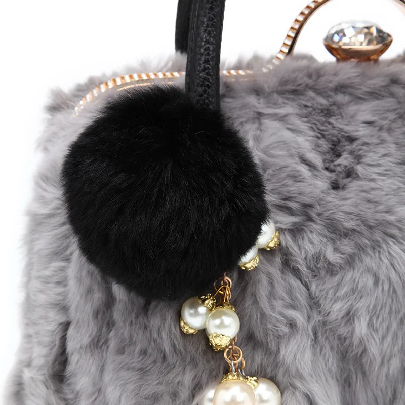 2024 winter new  bag 100% rabbit fur shoulder bag winter fashion ladies Plush Diamond ball tassel luxury women designer handbags