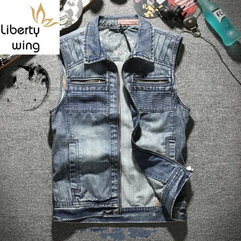 

Vintage Mens Zipper Denim Waistcoat Motorcycle Biker Slim Fit Sleeveless Jacket Man Pockets Cowboy Tank Vest Outwear Coat S-3XL