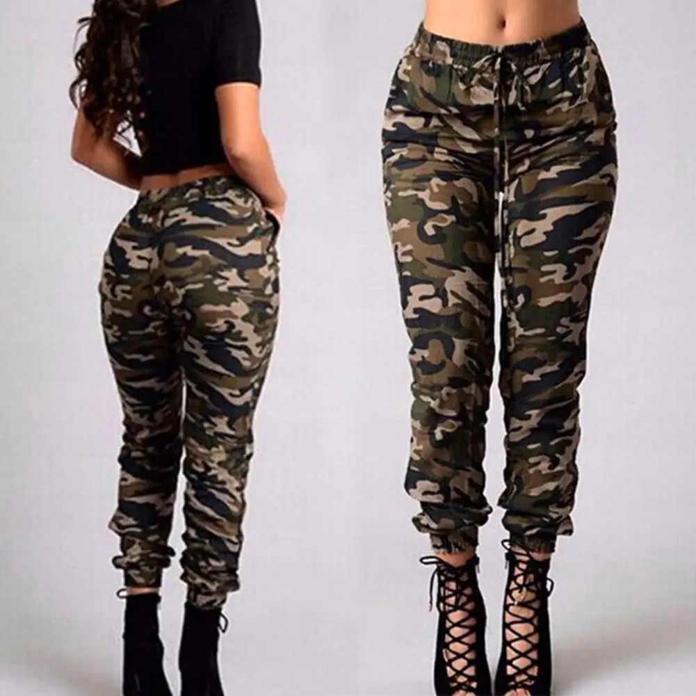 Women Casual Drawstring Pockets Long Skinny Pants Ankle Tied Camouflage Trousers