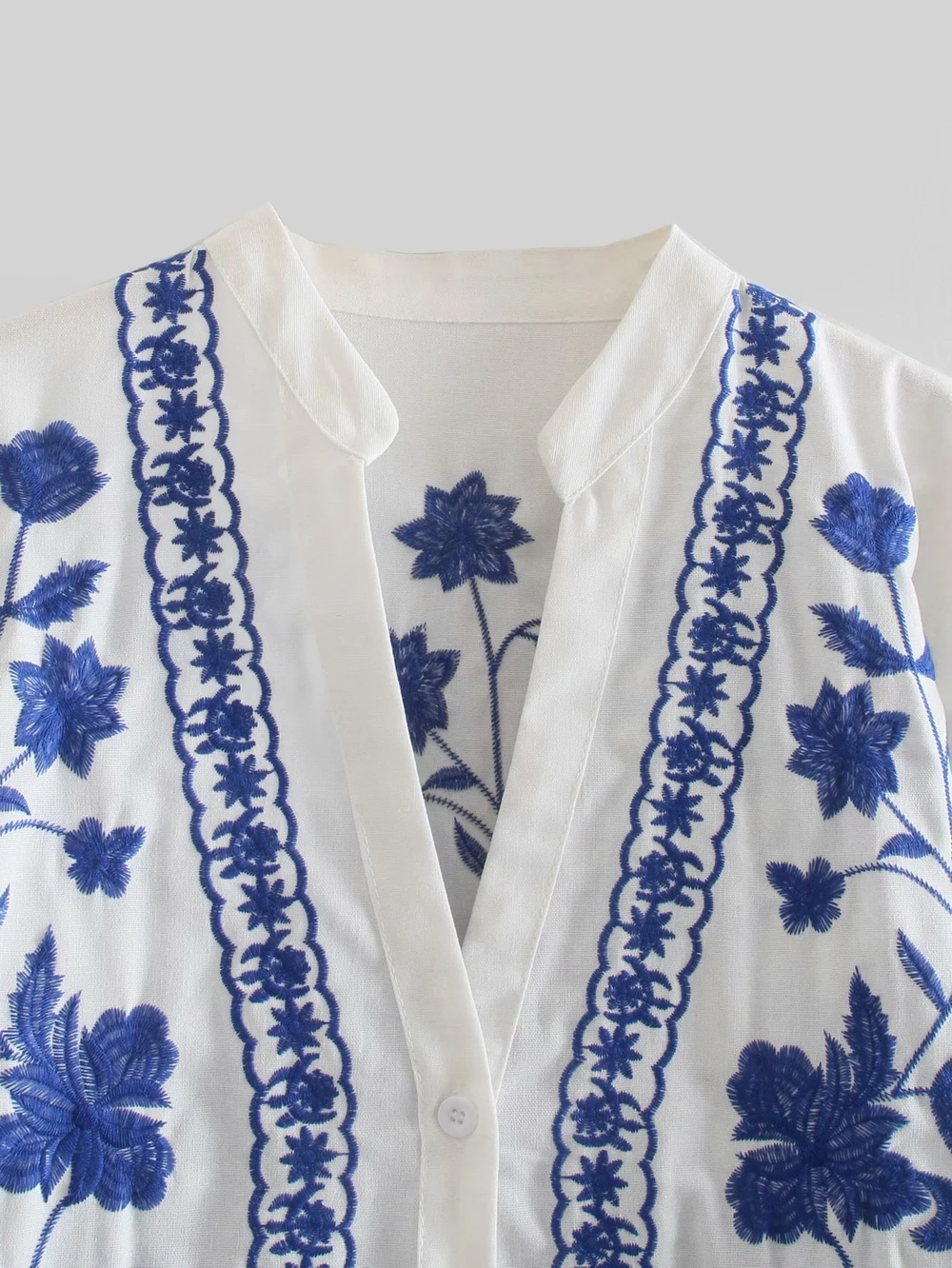 Embroidery Cotton Shirt Women Spring 2022 New Fashion Long Sleeve Top Clothes Blue and White Porcelain Floral Blouse