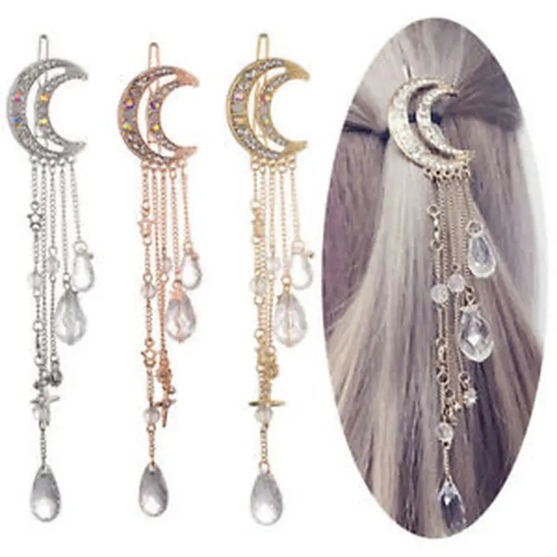 

Lady Moon Crystal Rhinestone Beads Dangle Hair Clip Party Wedding Hairpin Bridal Jewelry Woman Hair Accessory
