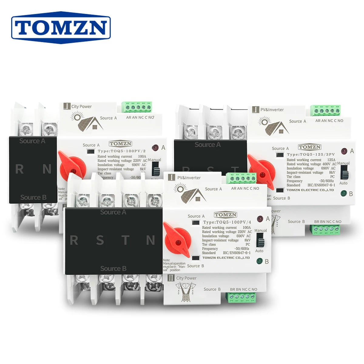 

2P 3P 4P Din Rail ATS for PV and inverter Dual Power Automatic Transfer Selector Switches Uninterrupted 63A 100A 125A