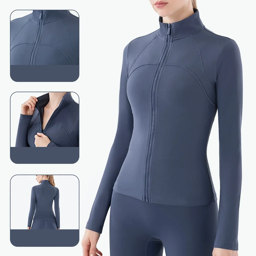 Solid Color Women Tight Sports Jacket Top Full Open Zipper Long Sleeve Fitness Sexy Yoga Shirt Coat Stand-up Collar Gym Workout