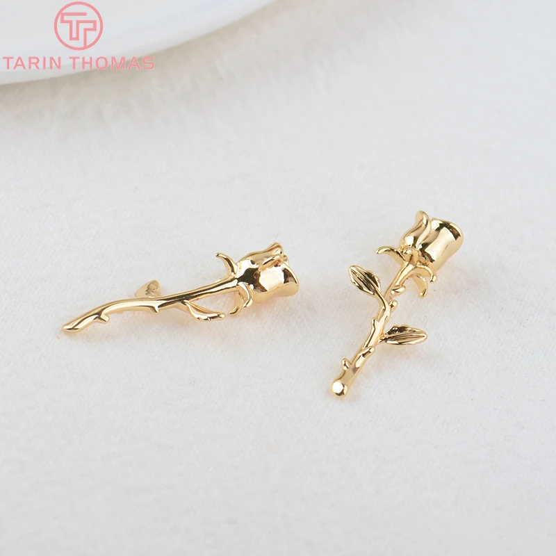 (1370)4PCS 10x25MM 24K Gold Color Brass Rose Flower Branch Pendants Charms High Quality DIY Jewelry Findings Accessoriess