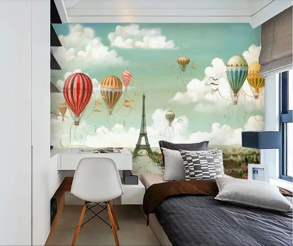 

XUE SU Custom large wall painting / wallpaper / hand-painted cartoon balloon hot air balloon sky children's room background wall