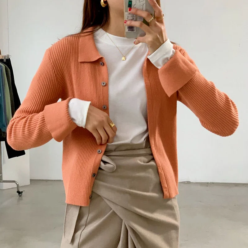 Cardigan Women Solid Color Sweater Turn-down Collar Single Breasted Japanese Style Minimalist Elegant Office Ladies Clothing Ins