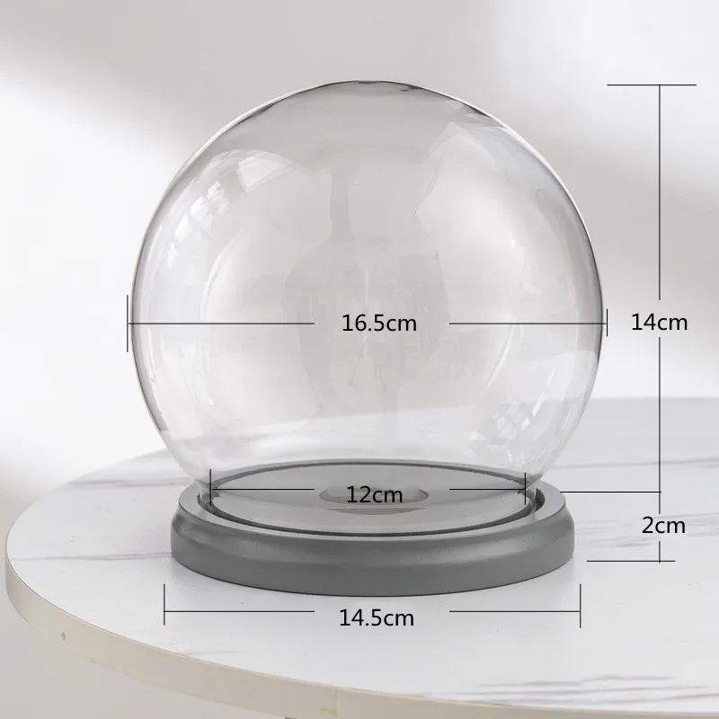 Diameter=16.5cm Round Glass Dome Vase Home Decoration Blue Grey Base Transparent Cake Cover DIY Friend Favor Gift Wedding Prop