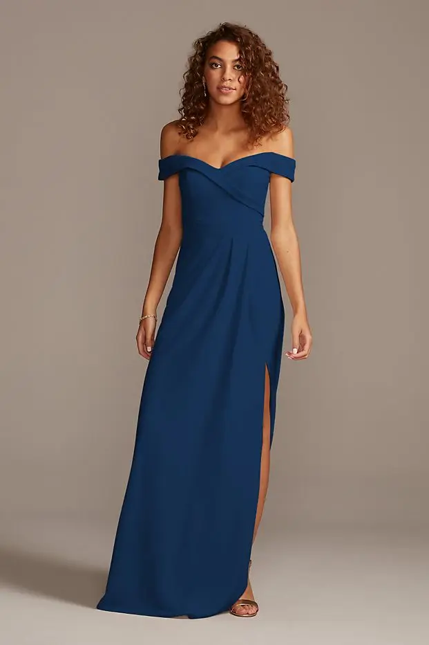 tailor shop custom made Off-the-Shoulder Crepe Bridesmaid Dress orange navy ivory color bridesmaid dress