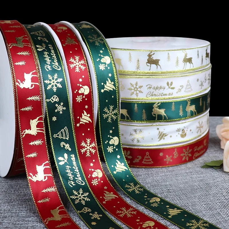 5 Yards/20 Yards 25mm Bronzing Christmas Ribbon Printed Polyester Ribbon For Christmas Decoration Gift Wrapping Sewing Fabric