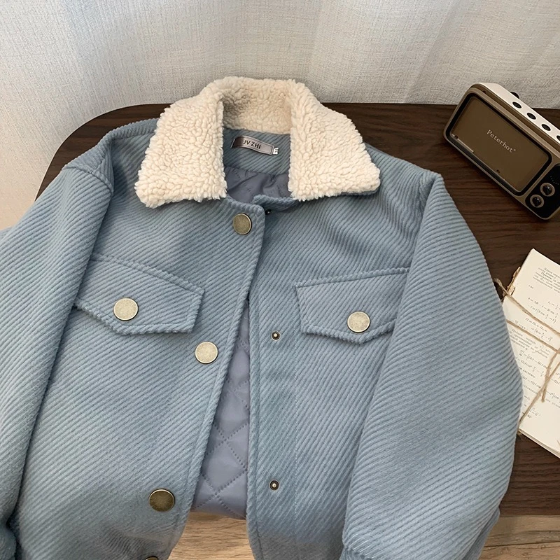 LMQ NEW Winter Women Parkas Lamb Wool Lapel Thick Warm Padded Coat Female Solid Chic 2020 Casual Long Sleeved Tops Loose Jacket