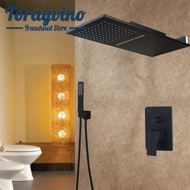 

Torayvino luxury bathroom shower set chuveiro de teto mixer faucet black Spray painting rainfall shower head & bar shape taps