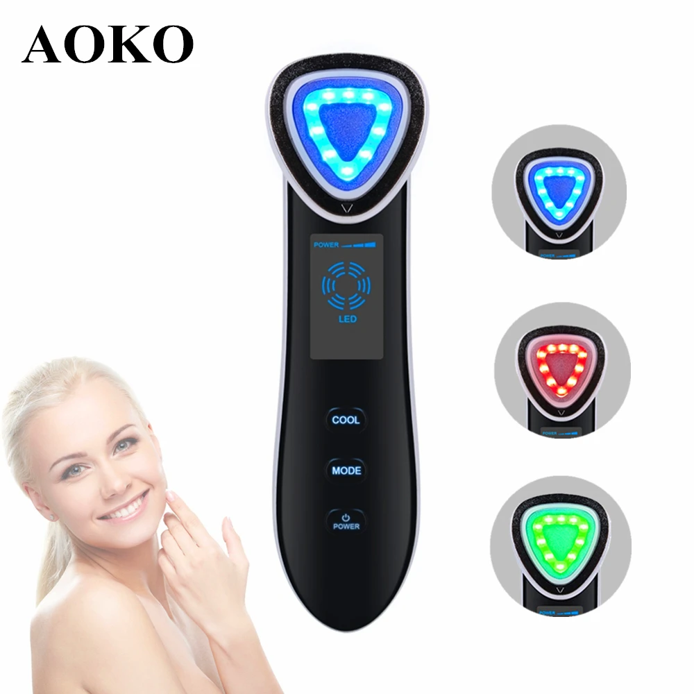 AOKO Rechargeable LED EMS  Beauty Machine Ion Beauty Device Cooling Hammer Face Lift Skin Tighten Skin Rejuvenat Facial Massager