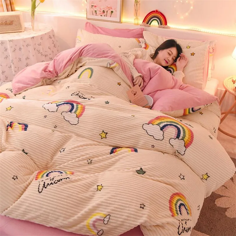 

3/4pcs Coral Fleece Winter Warm Bedding Set Queen Comforter Cover Bed Sheets Pillowcases King Size Flaneel Bed Sheet Set