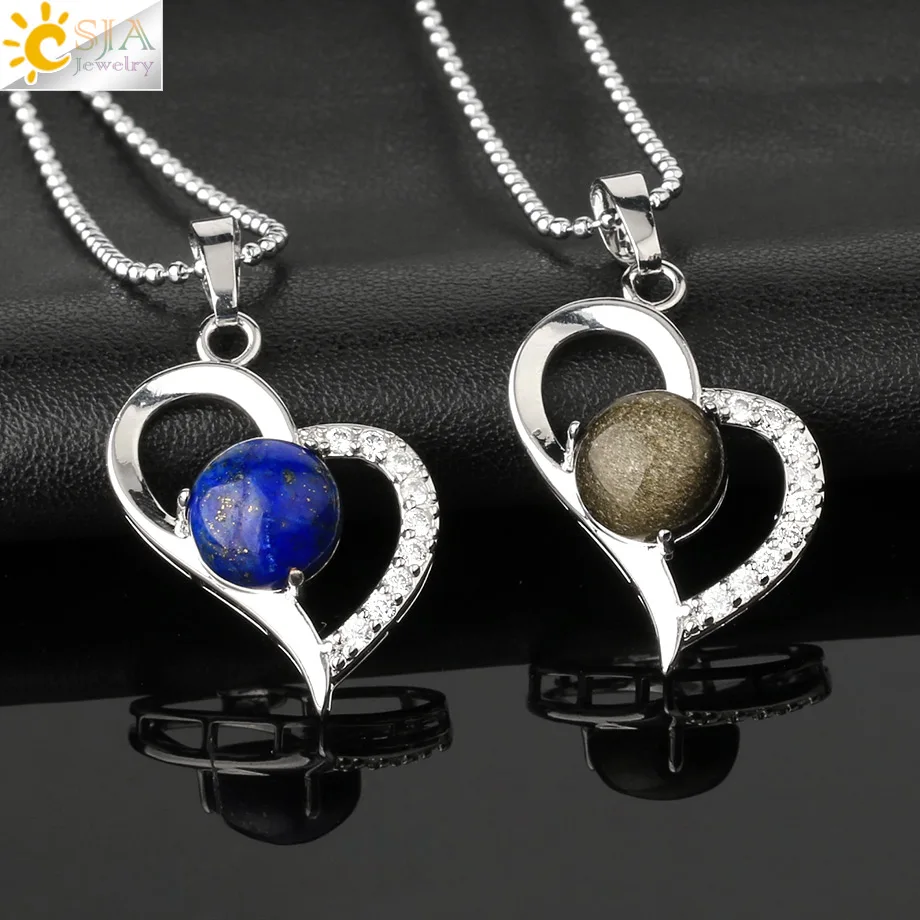 CSJA Natural Stone Heart Pendants Necklaces Cabochon Semi-precious Stones Reiki Healing Crystal Zircon Charm Jewelry Female G499