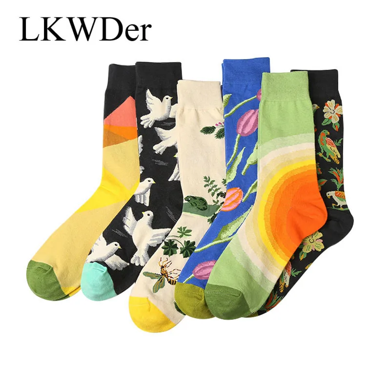 LKWDer 6 Pairs Men Happy Socks Men Sock StreetTide Brand Art Graffiti Hit Series Flower Bird Figure Cotton Socks Men Calcetines