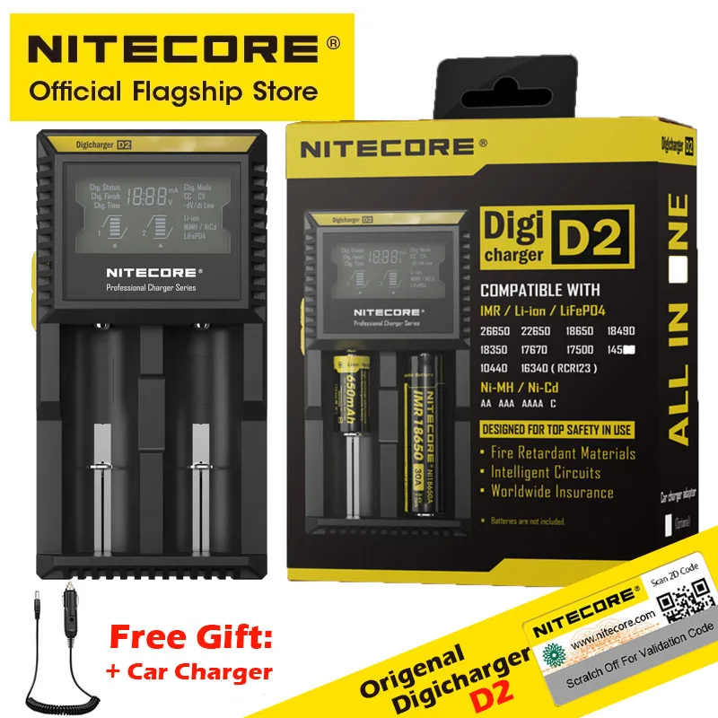 NITECORE D2 Smart Battery Charger 18650 Dual Slot Intelligent Digicharger For Li-ion IMR LiFePO4 22650 14500 AA AAA, Car Charger