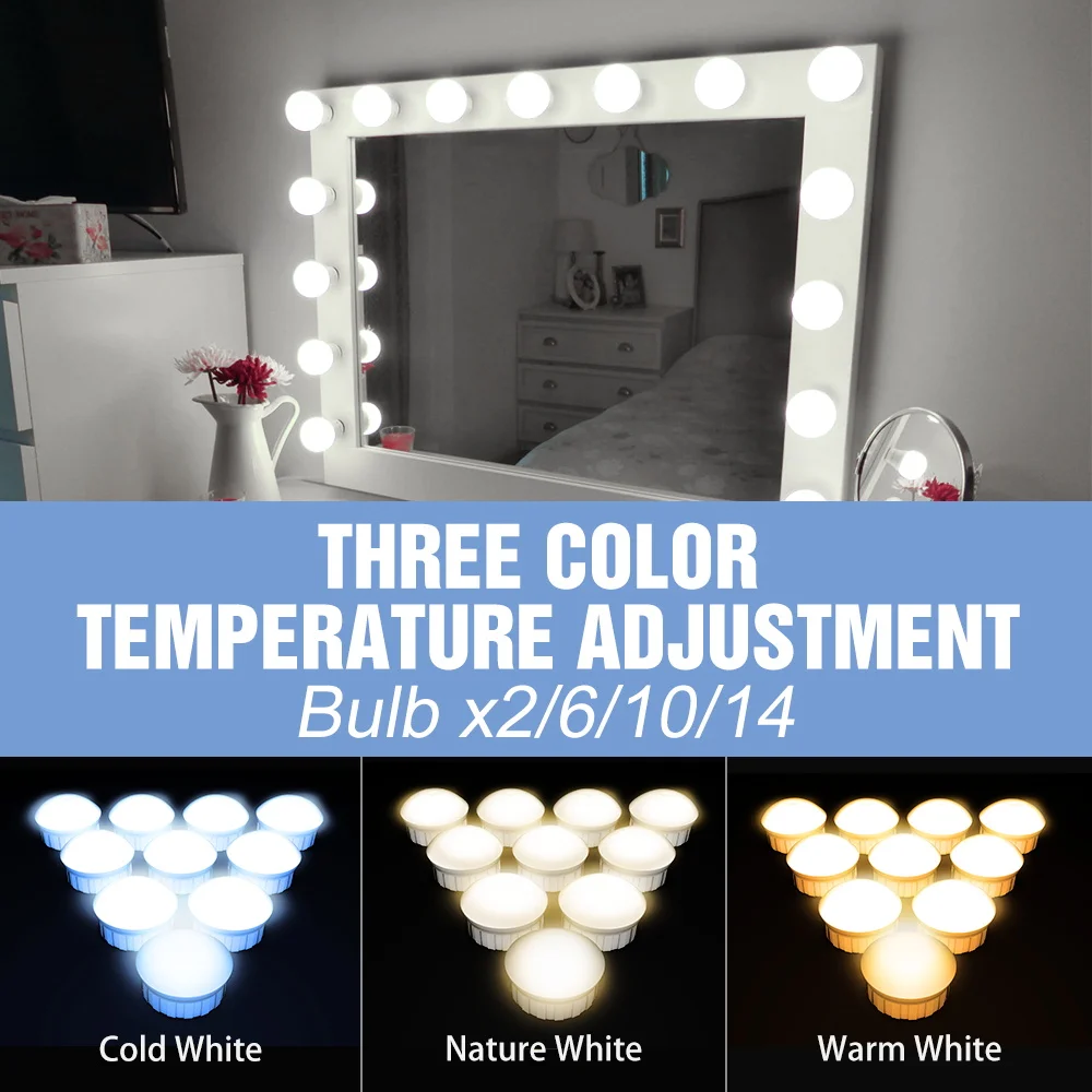 Hollywood Led Makeup Mirror Light 3-color Stepless Dimmable Dressing Table Bathroom Led Wall Lamp USB Make Up Vanity Lighting