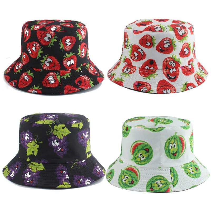 Cute Strawberry Printed Fisherman Hat Women Men Summer Foldable Panama Bucket Hat Reversible Fishing Cap Bob Chapeau Sun Hat