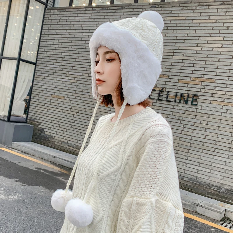 

H3568 Women Warm Bomber Hat Winter Riding Ear Protection Plush Thickened Knitted Cap Korean Cold Proof Lovely Casual Girl Hats