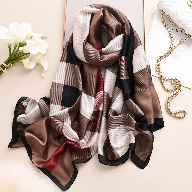 Designer Brand Women Silk Scarf Luxury Plaid Long Satin Scarves Beach Pareo Stole Foulard Femme Bandana Hijab Lady Shawls Wraps