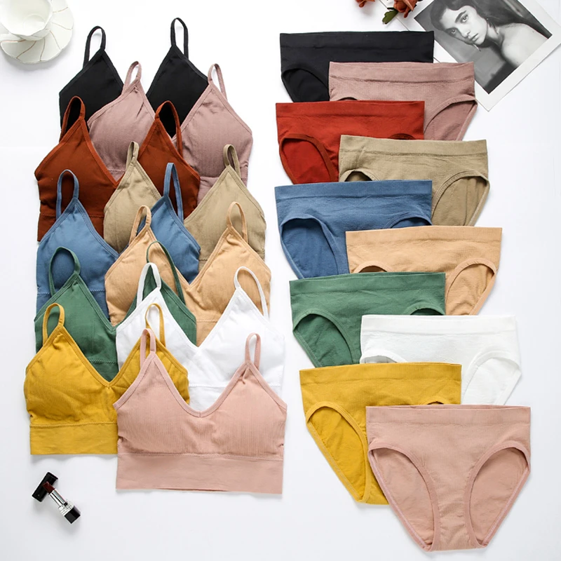 Women Bra Set Sexy Lingerie Female Underwear Bralette Ribbed Tops Girls Fashion Brassiere Basic Stretchy Tank Crop Tops Suit