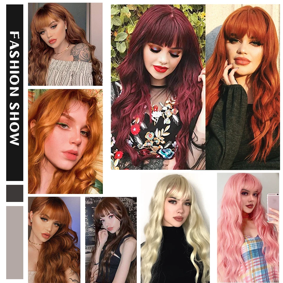 Long orange wig with bangs wavy curls ginger bangs synthetic women's orange long wig natural appearance suitable for daily