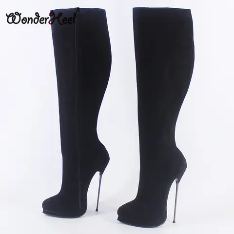 Wonderheel Nya 16 cm ultratunn metallklack platå fetisch hög klack mocka läder sexiga Wonder Girls nattklubb knähöga stövlar 10 best sales Wonder Woman-stövlar - №6