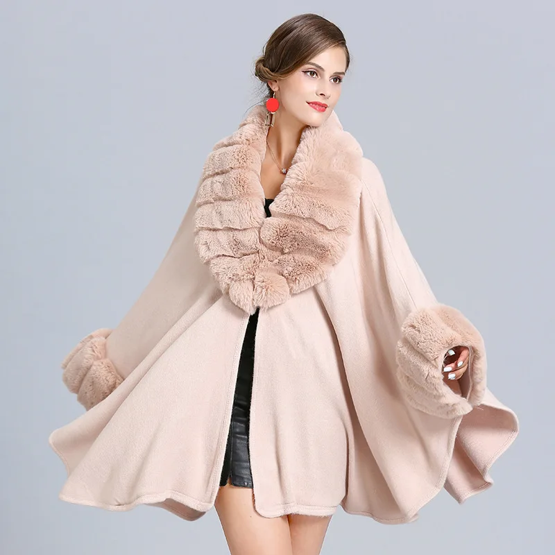 Mode Weit Welle Revers Faux Kaninchen Pelz Cape-Mantel Frauen Winter Lose Stricken Mantel Strickjacke Weichen Poncho Wraps Mantel Neue