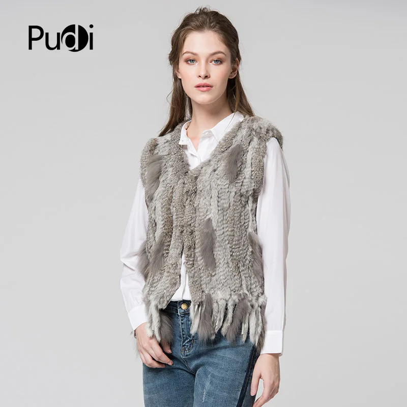 PUDI donna maglia fatta a mano in vera pelliccia di coniglio Gilet Gilet senza maniche indumento Gilet giacca in pelliccia naturale femminile VR031