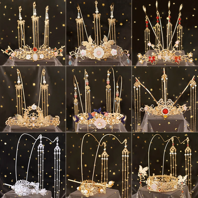 

Antique Style Tuinga Set Hairpin Classical Temperament Xiuhe Bridal Head Crown Phoenix Crown Long Tassels Hanfu Hair Accessories