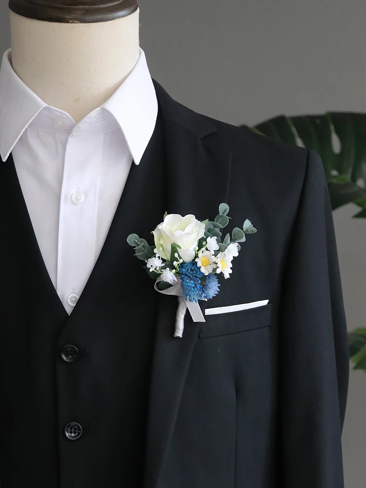 Gt corsage casamento boutonnieres rosas azul pulseira de seda flores noivo homem terno broche pinos acessórios casamento